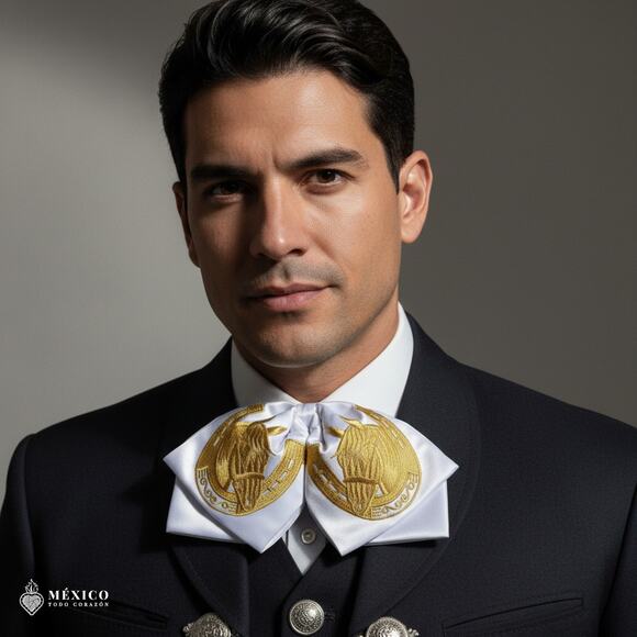 White Mexican Embroidered Charro Moño – Traditional Satin Mariachi Bow Tie - Picture 1 of 6